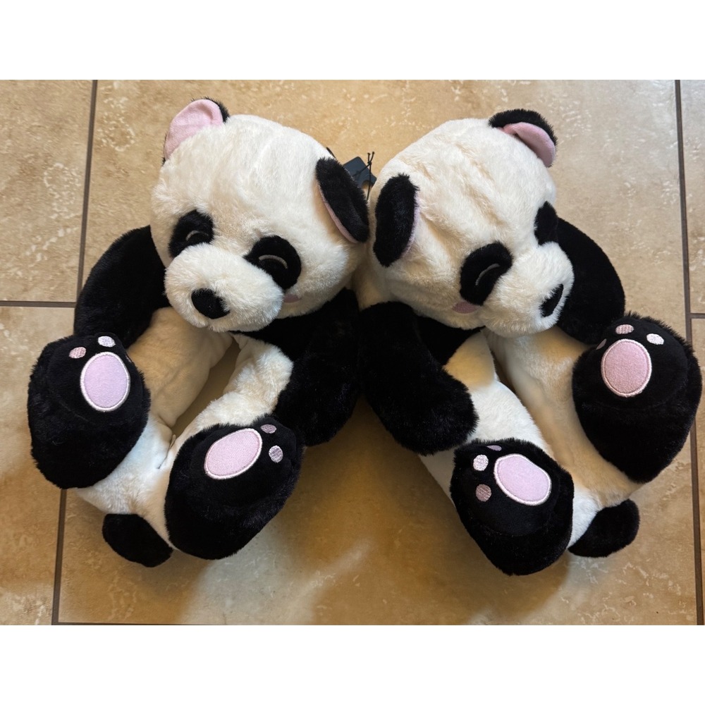 Feetmoji Panda Slippers Women 9-10 Black White Plush Animal House Shoes‎ NEW